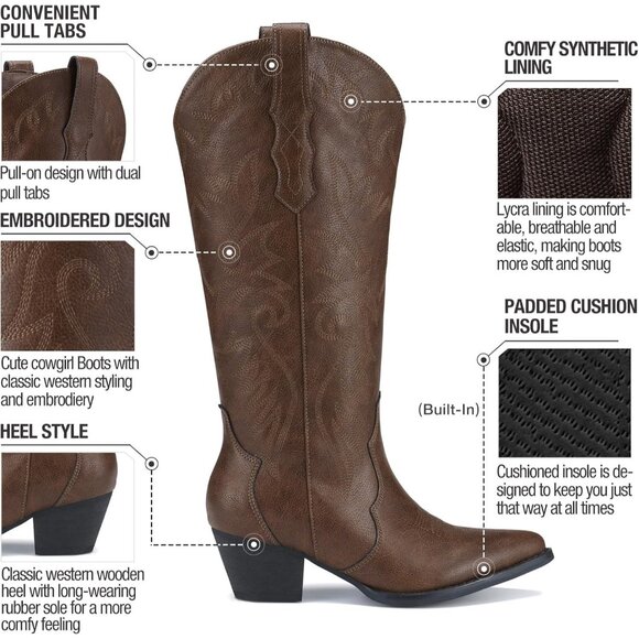 Women's Brown Embroidered Knee-High Western Boots Pointy Toe with Chunky Heel - Picture 2 of 6